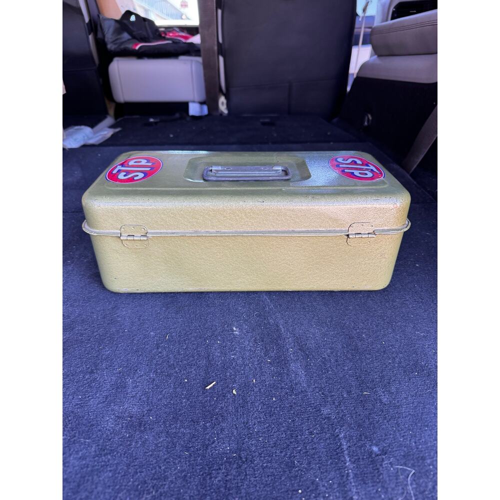 Metal olive Green utility box rustic patina w/tray vintage 60s 70s industrial - Picture 4 of 16